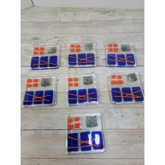 Lot‎ of 7 Art Glass Drink Coasters Orange Blue Geometric Tiger Stamped MCM Pads - Picture 2 of 11